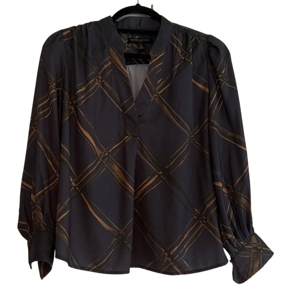 Banana Republic‎ Sleeve Plaid Blouse Navy Bronze V-Neck Petite XS Office Siren